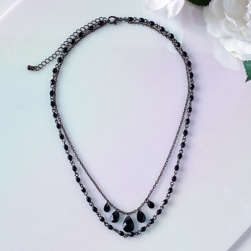 Black Beaded Multi-Layer Necklace with Pendants